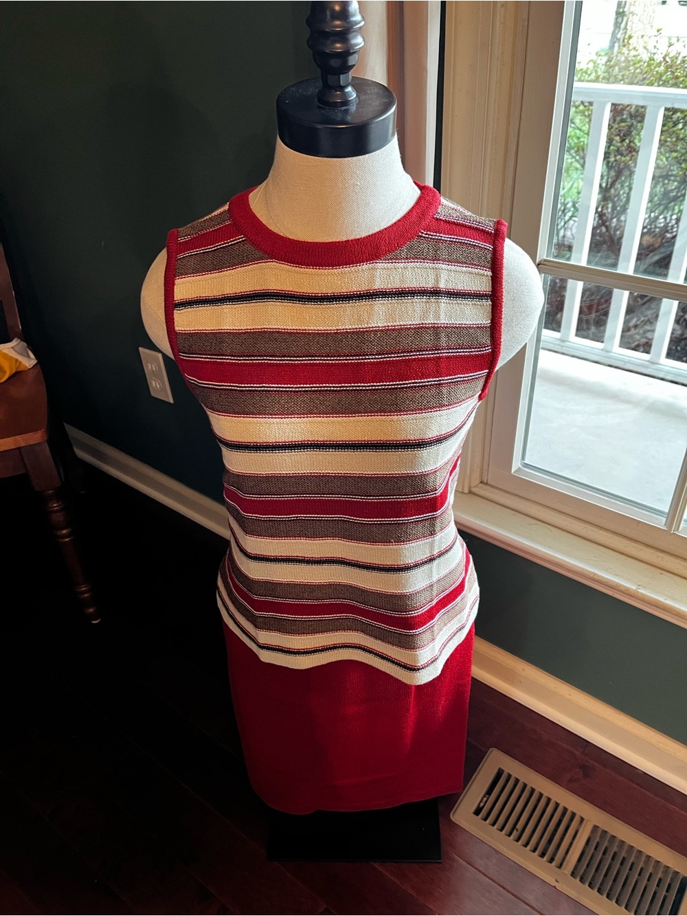 St. John Sport by Marie Gray Red, Cream & Brown Striped Knit Sweater and Skirt